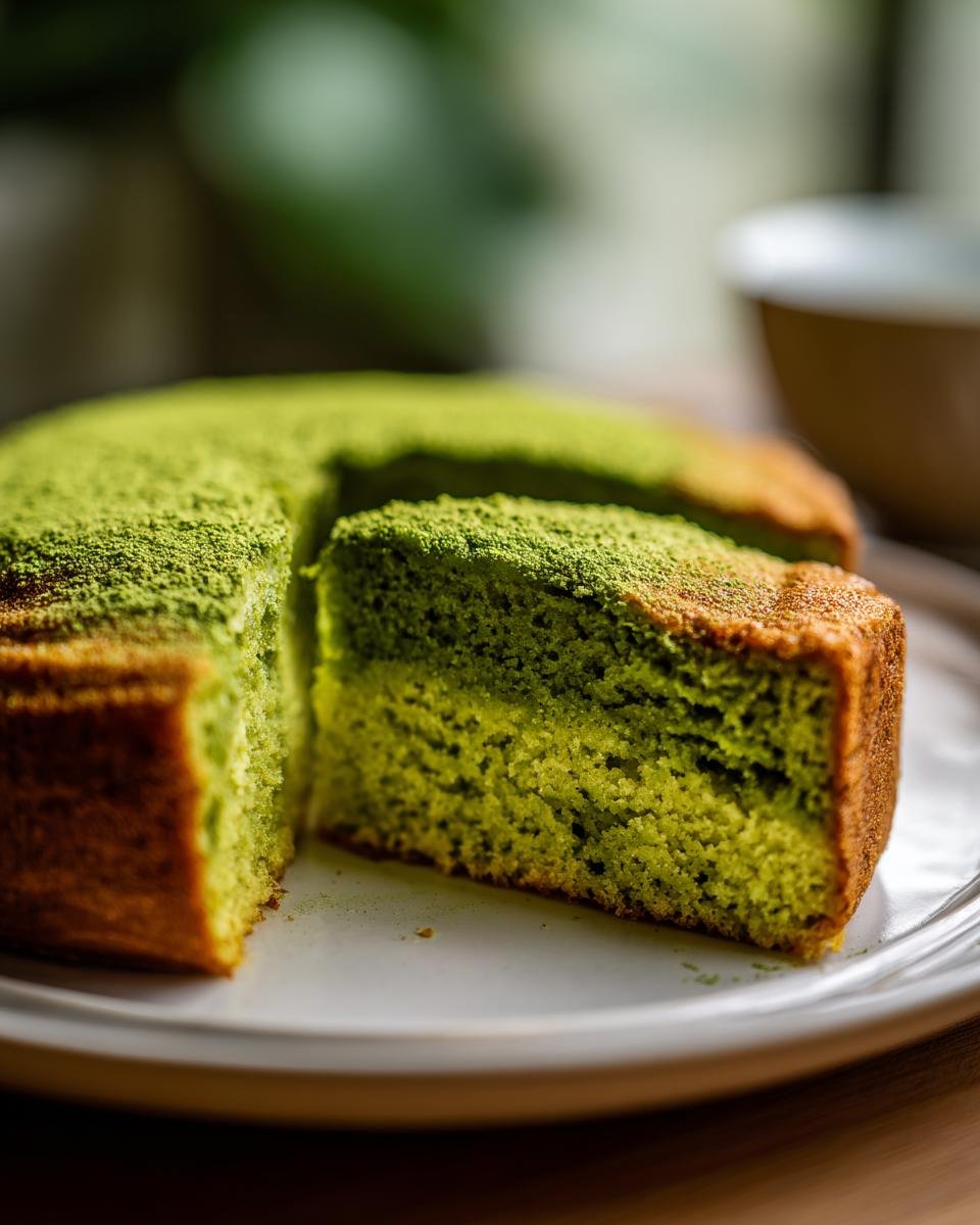 A slice of vibrant green, Irresistible Matcha Cake Recipe dusted with matcha powder, served on a white plate.