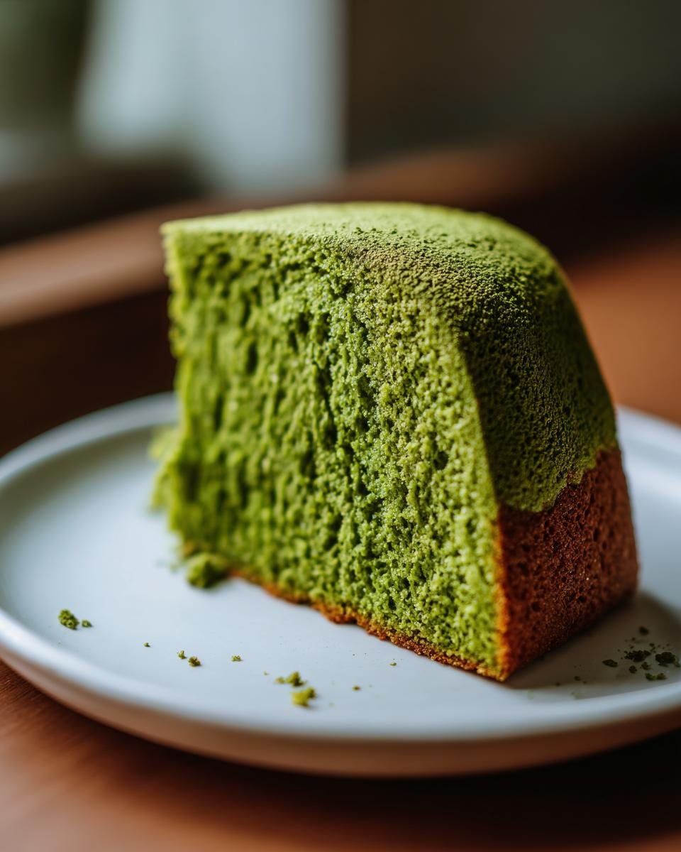 A close-up of a fluffy slice of Irresistible Matcha Cake with a vibrant green, airy texture and dusted with matcha powder.