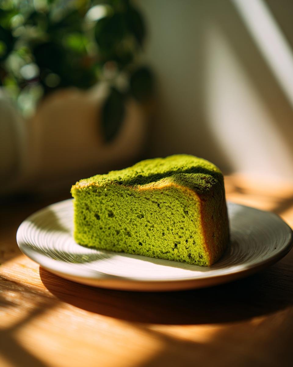 A vibrant green slice of Irresistible Matcha Cake dusted with matcha powder, sitting on a white plate.