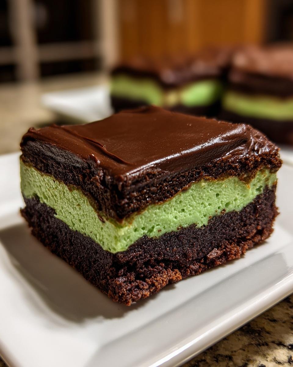 A square slice of Irresistible Mint Chocolate Brownies featuring a dark chocolate base, bright green mint layer, and chocolate ganache topping.