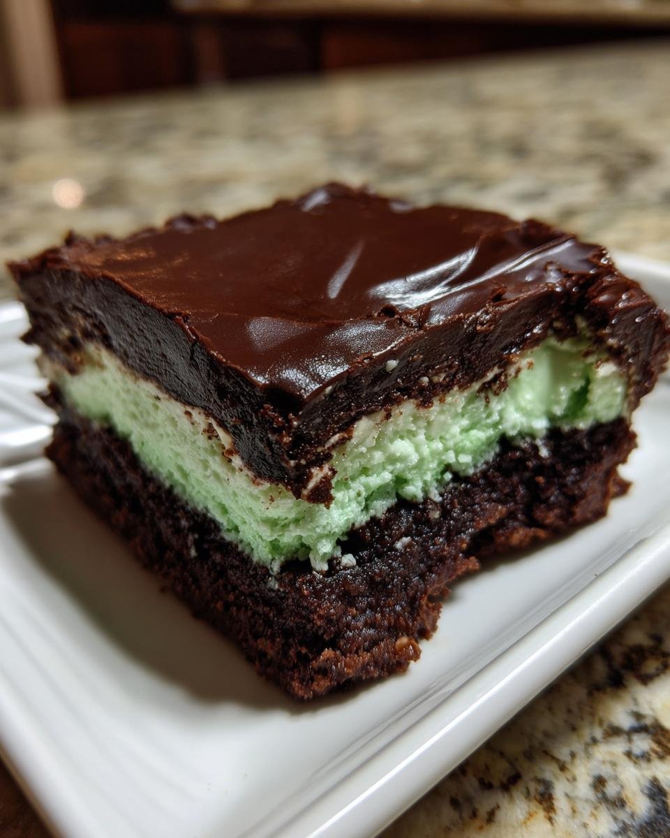 Close-up of a layered Irresistible Mint Chocolate Brownies slice showing a dark brownie base, green mint filling, and chocolate ganache top.