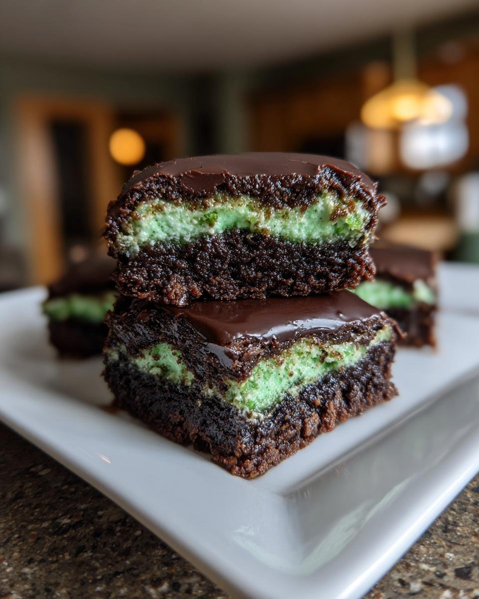 Two stacked squares of Irresistible Mint Chocolate Brownies showing the dark chocolate base, bright mint layer, and chocolate ganache topping.