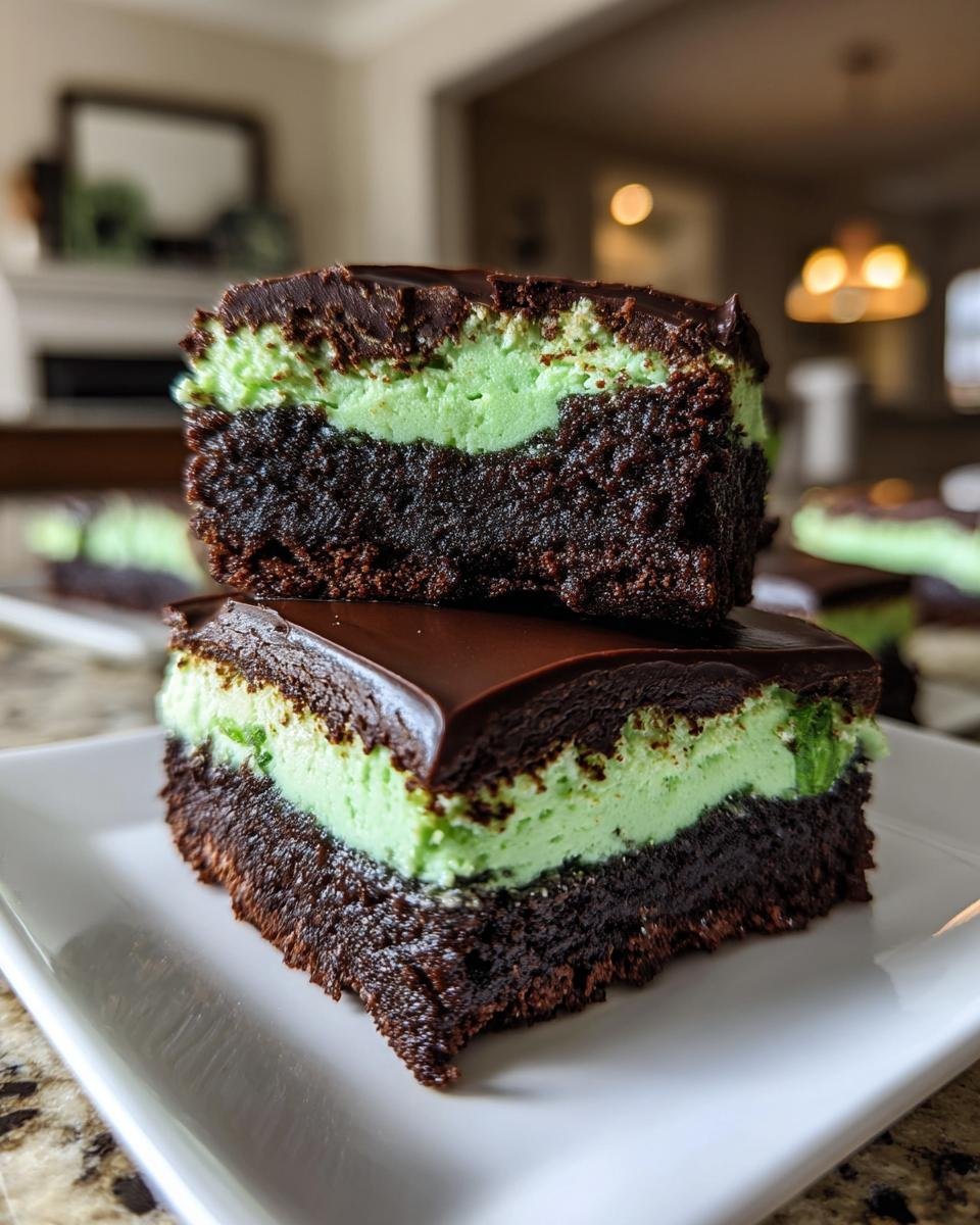 Two stacked slices of Irresistible Mint Chocolate Brownies featuring a dark chocolate base, bright green mint layer, and glossy chocolate ganache.