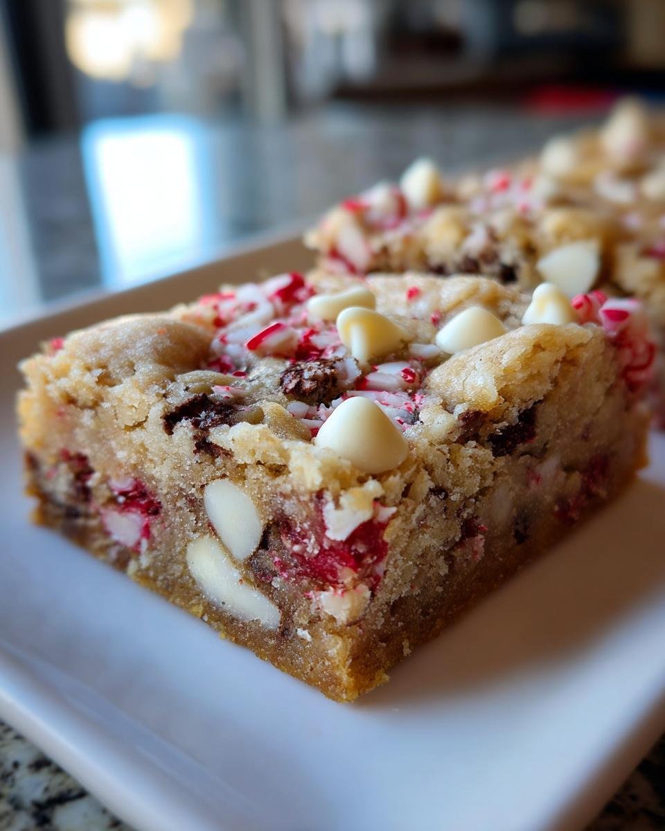Close-up of a thick, chewy bar from the Irresistible Mm Christmas Cookie Bars Recipe, topped with white chocolate chips and crushed peppermint.