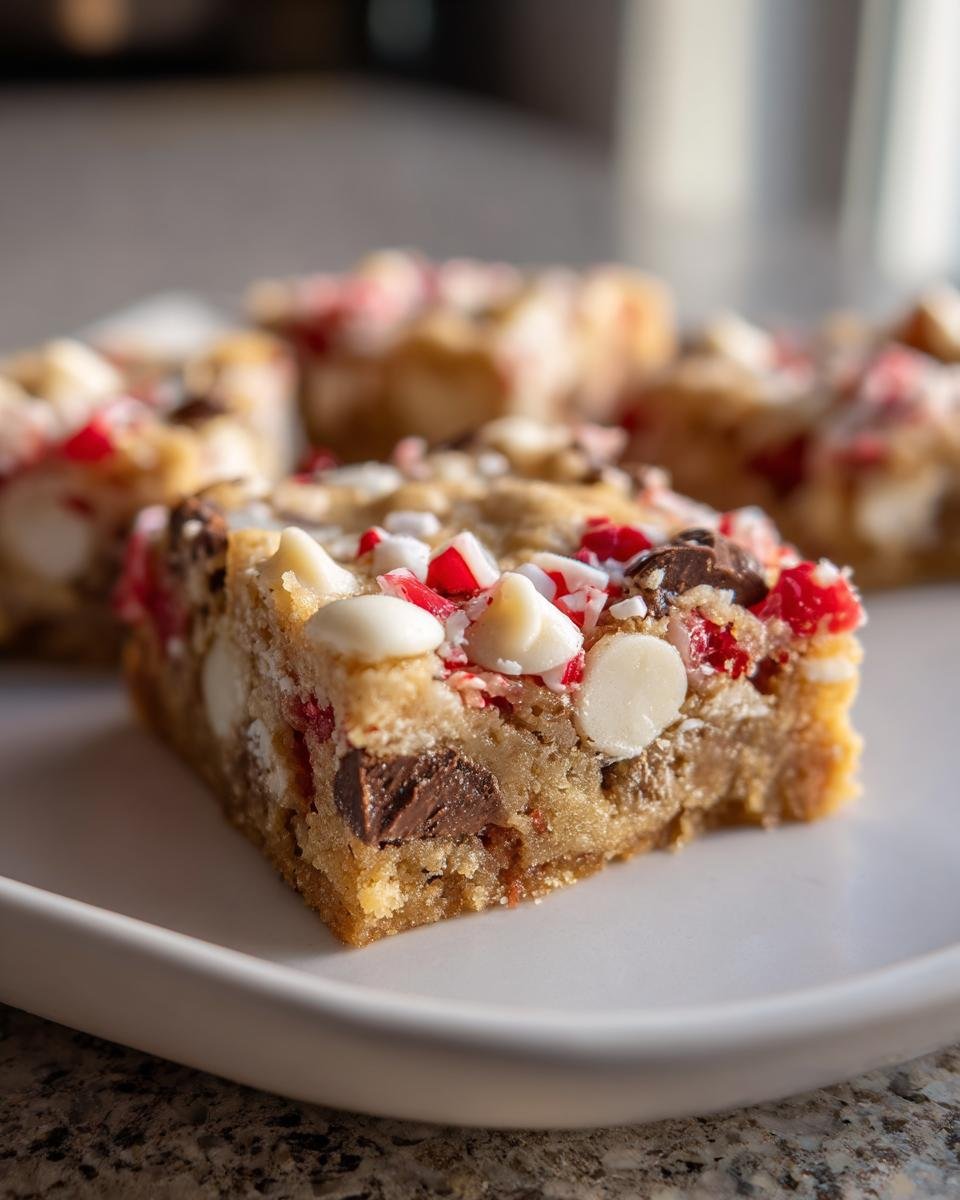A close-up of one square of Irresistible Mm Christmas Cookie Bars topped with white chocolate chips and crushed peppermint.