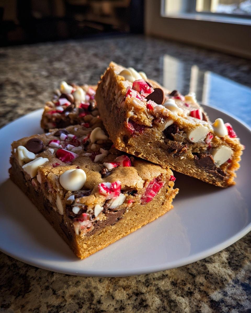 Three thick slices of Irresistible Mm Christmas Cookie Bars loaded with white chocolate, dark chocolate, and crushed peppermint on a white plate.