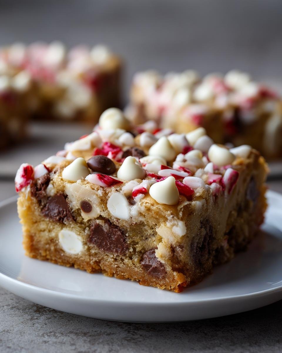 Close-up of a thick, chewy square of Irresistible Mm Christmas Cookie Bars topped with white chocolate chips and crushed peppermint.