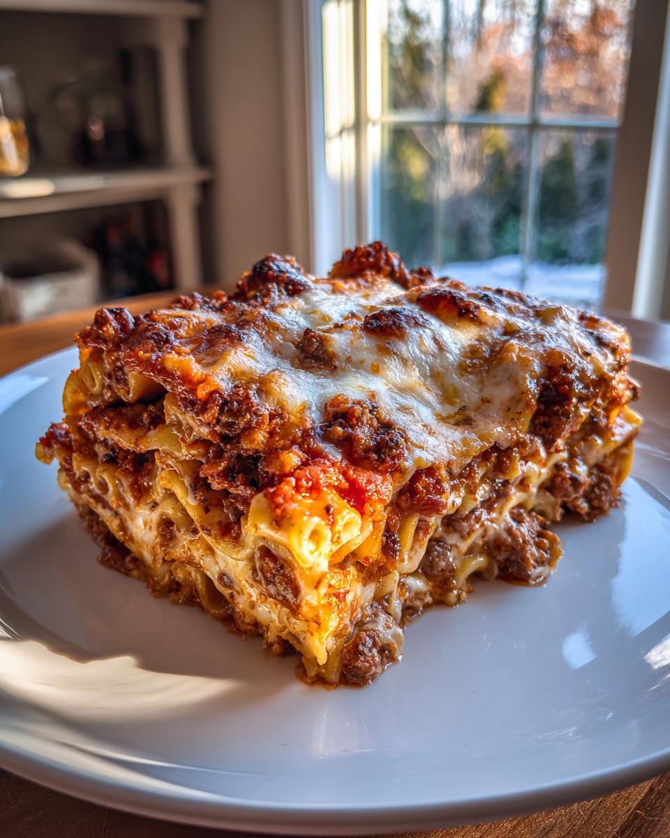 A generous slice of Irresistible Mostaccioli baked pasta with rich meat sauce and bubbly, melted cheese topping.