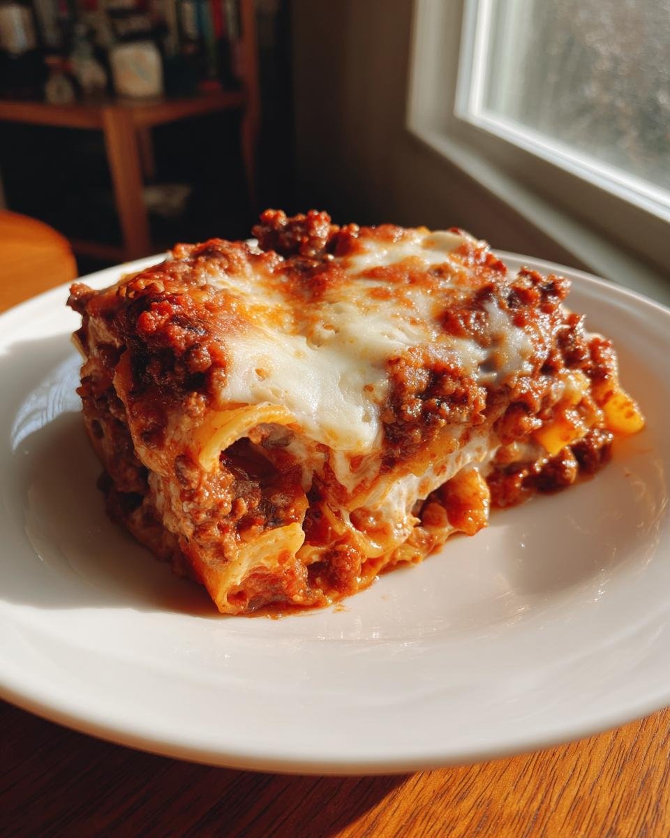 A hearty serving of Irresistible Mostaccioli pasta baked with meat sauce and melted cheese on a white plate.