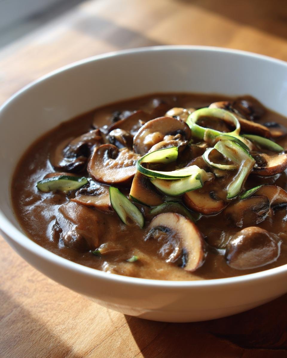 Close-up of Irresistible Mushroom Leek Gravy With Shallots Recipe, featuring sliced brown mushrooms and green leeks in a rich brown sauce.