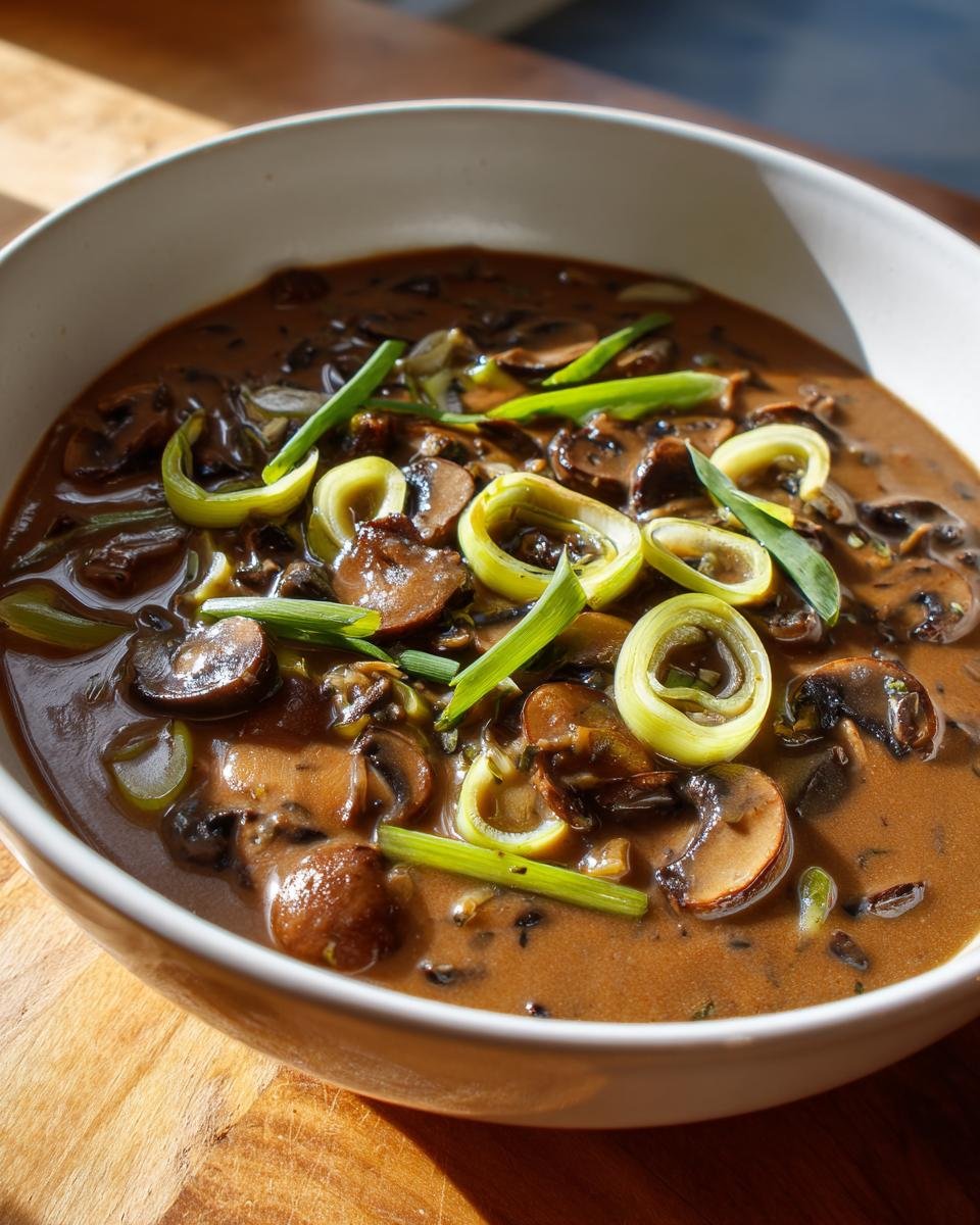 Close-up of rich, brown Irresistible Mushroom Leek Gravy With Shallots, topped with sliced mushrooms and bright green leeks.
