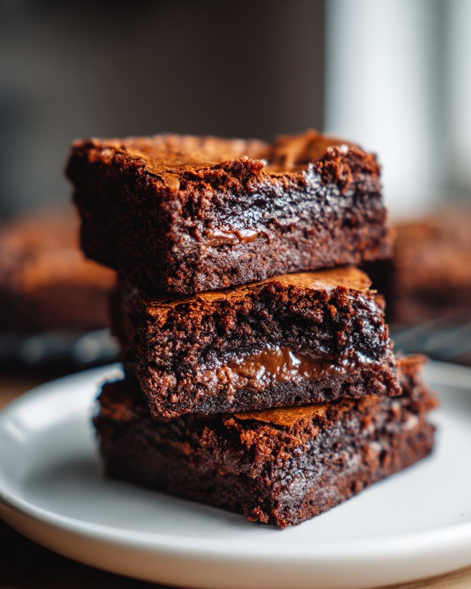 A stack of three fudgy, dark chocolate Irresistible Nutella Brownies showing a gooey center.
