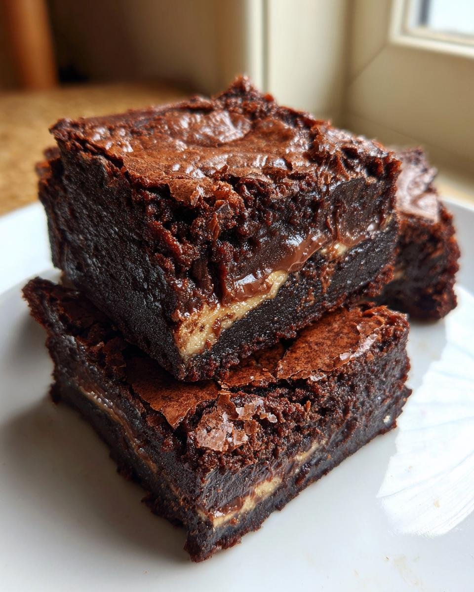 Two fudgy Irresistible Nutella Brownies stacked on a white plate, showing a creamy swirl filling.