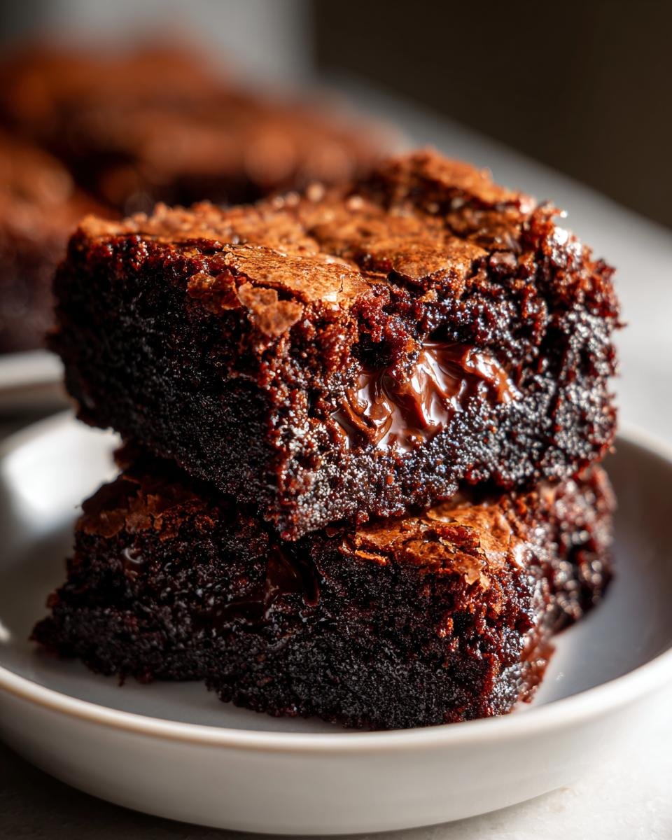 Two stacked, fudgy Irresistible Nutella Brownies showing a gooey melted chocolate center and crackly top.