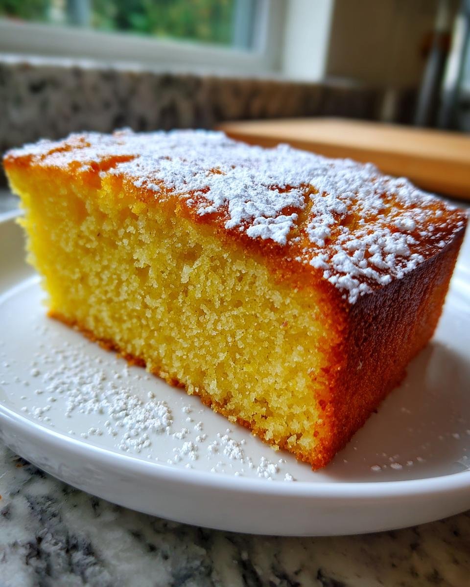 A close-up of a moist slice of Irresistible Olive Oil Cake topped with powdered sugar on a white plate.