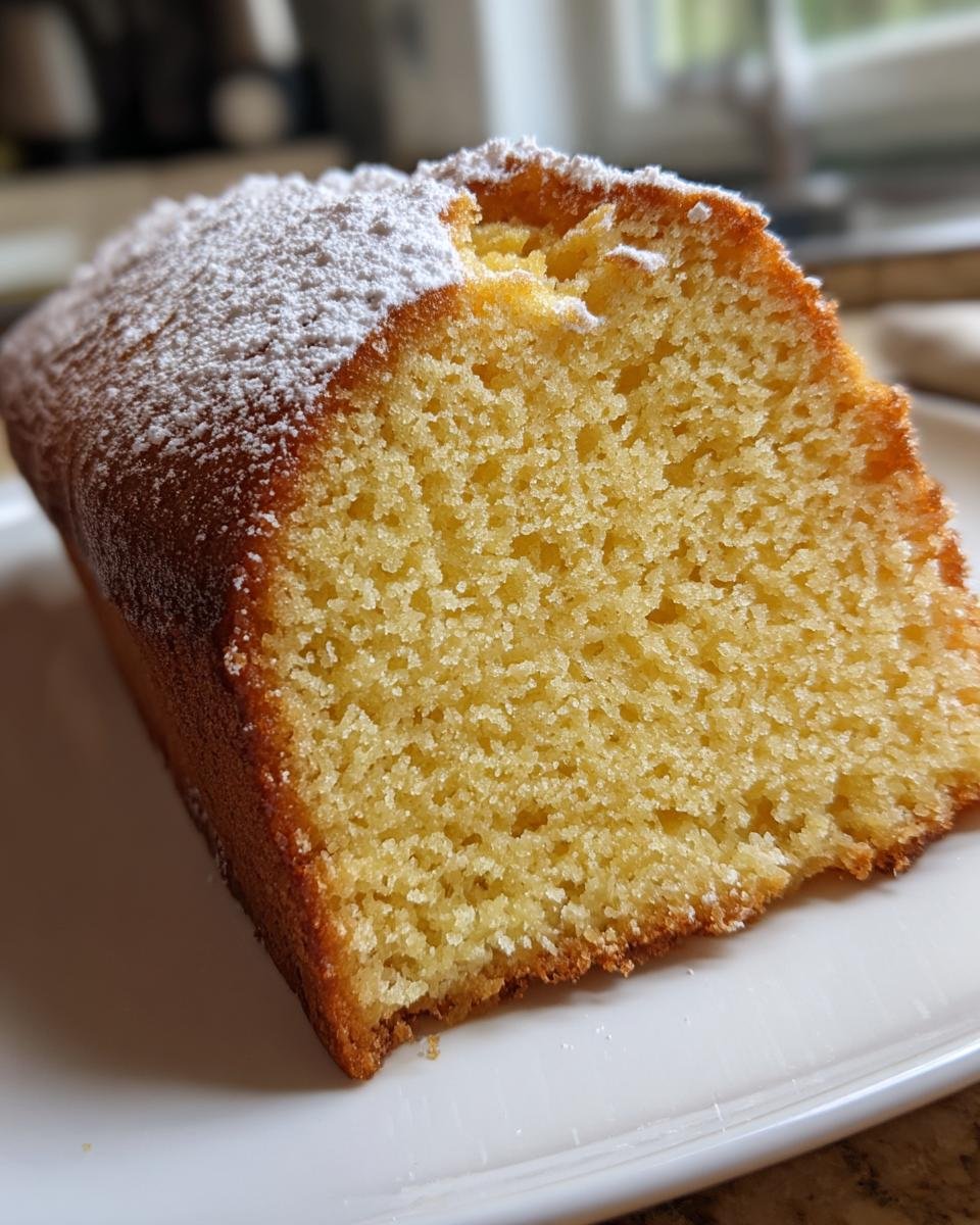 Close-up of a moist slice of Irresistible Olive Oil Cake topped with powdered sugar