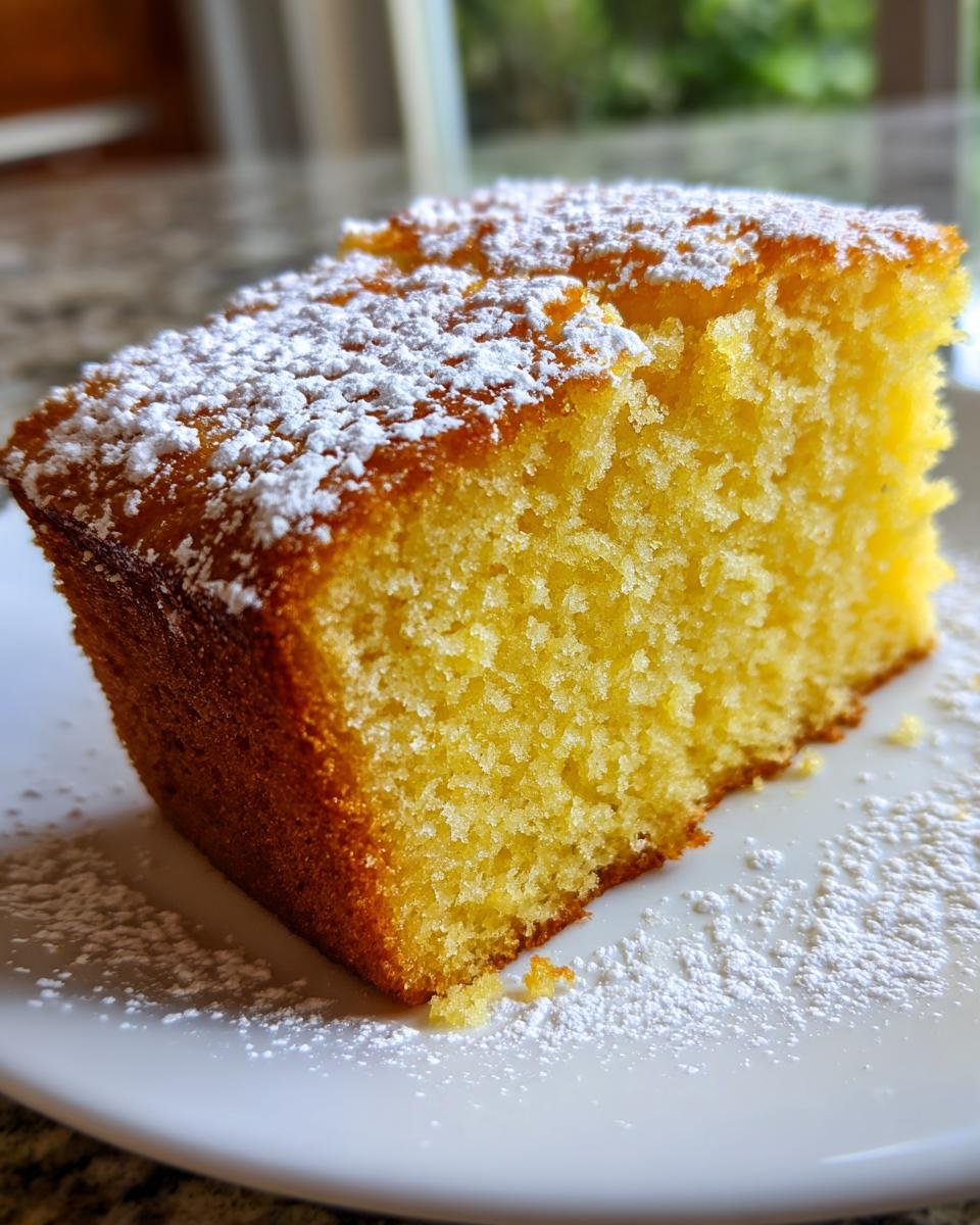 A close-up of a moist slice of Irresistible Olive Oil Cake dusted generously with powdered sugar on a white plate.