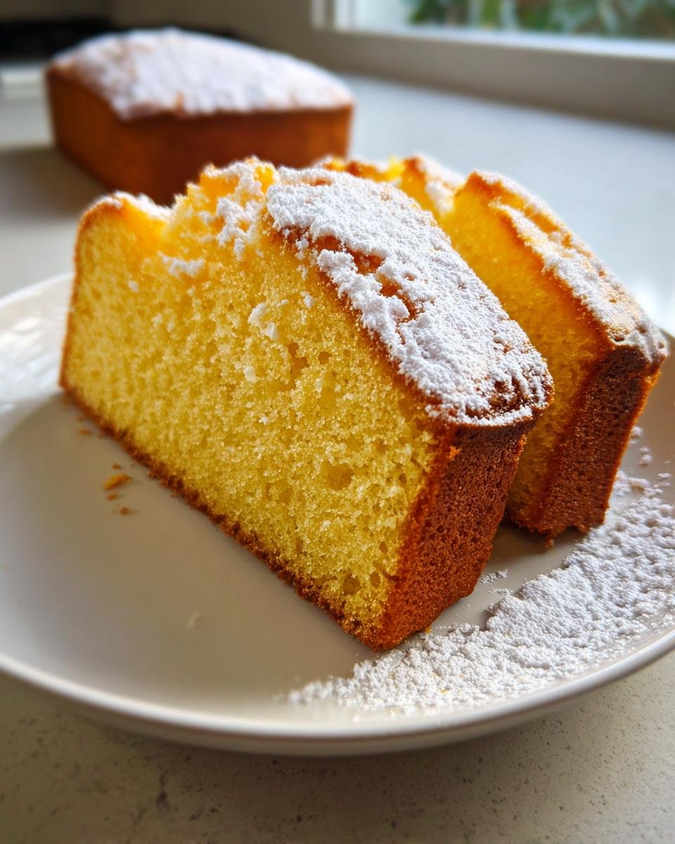 Two thick slices of Irresistible Olive Oil Cake, dusted heavily with powdered sugar, sitting on a white plate.