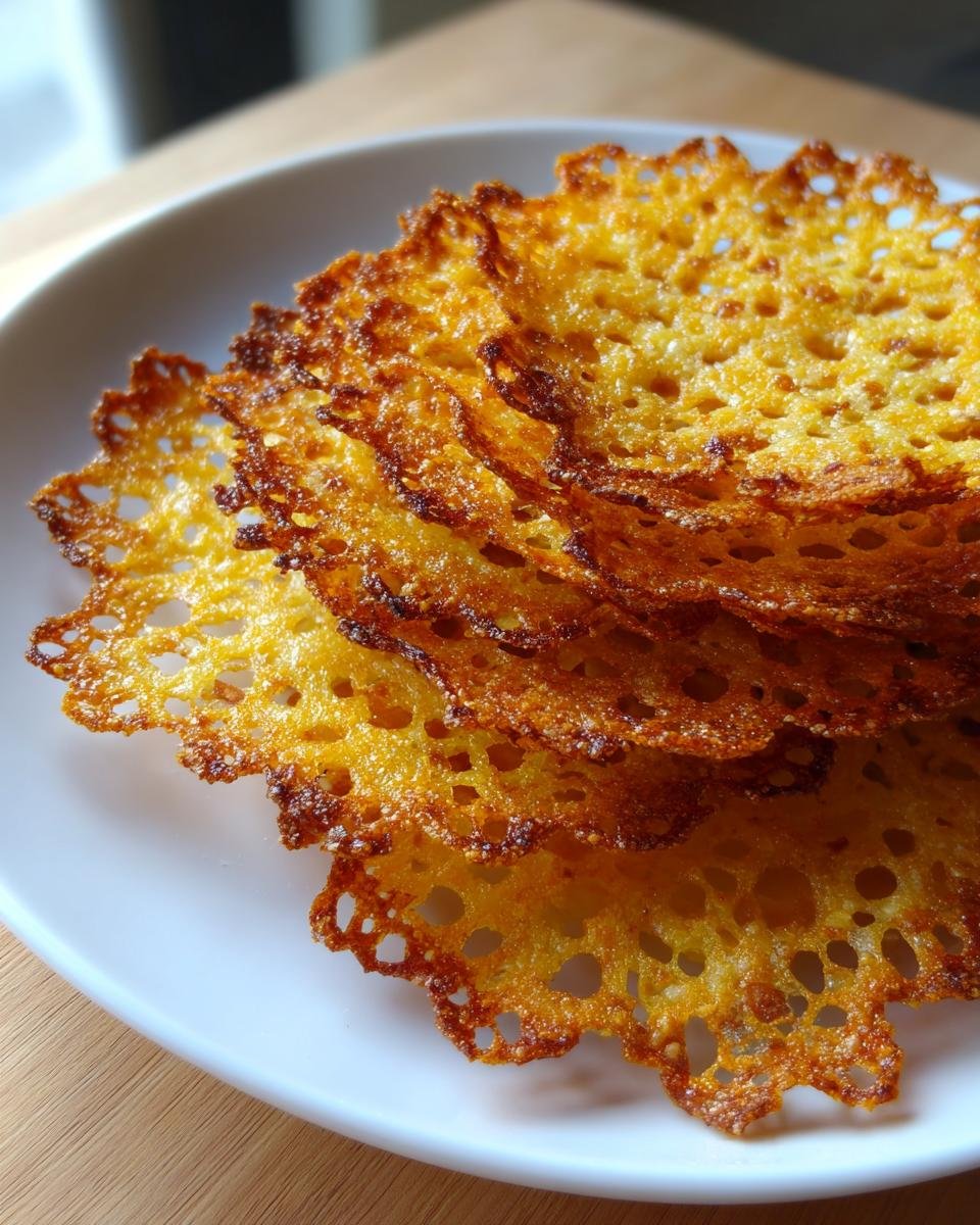 Close-up of a stack of golden brown, lacy Irresistible Parmesan Crisps on a white plate.