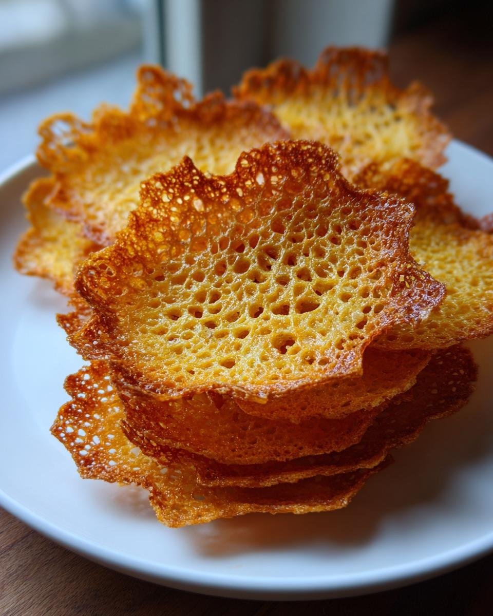A close-up stack of golden brown, lacy Irresistible Parmesan Crisps resting on a white plate.