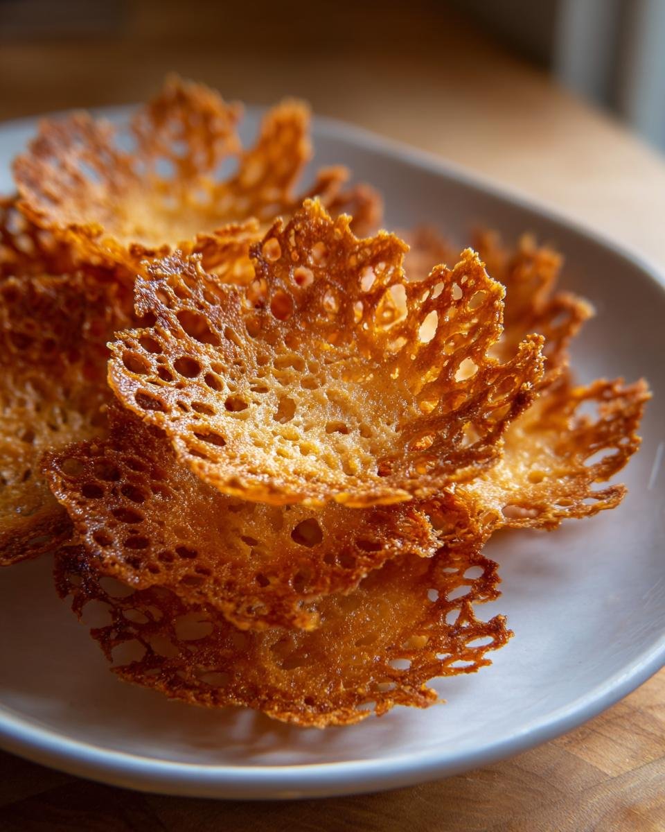 A stack of golden brown, lacy Irresistible Parmesan Crisps piled on a light-colored plate.