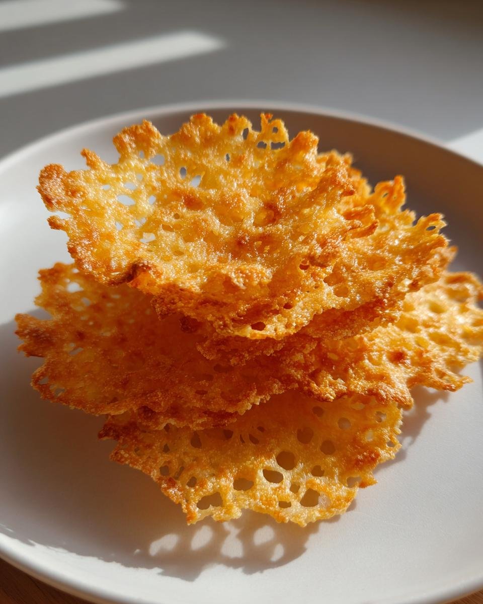 A close-up stack of golden brown, lacy Irresistible Parmesan Crisps resting on a light-colored plate.