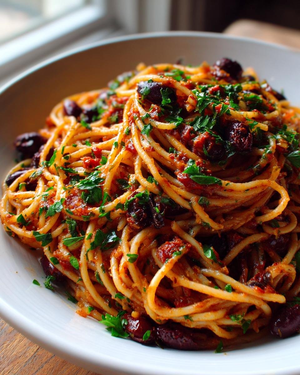 A close-up of a bowl filled with Irresistible Pasta Puttanesca Recipe, tossed in a rich tomato sauce with olives and fresh parsley.