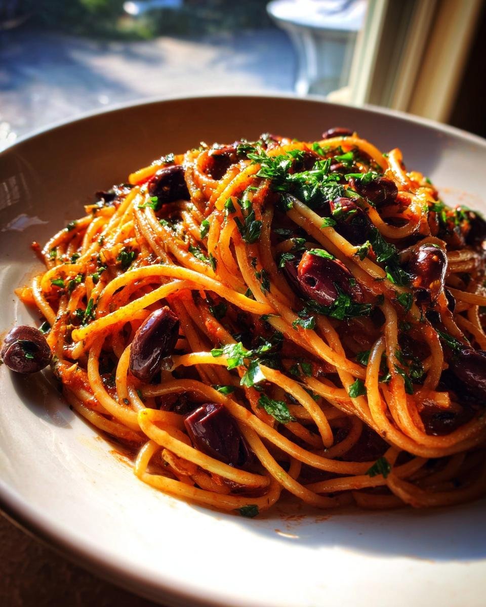 A close-up, sunlit bowl of Irresistible Pasta Puttanesca Recipe, featuring spaghetti coated in red sauce, whole olives, and fresh parsley.
