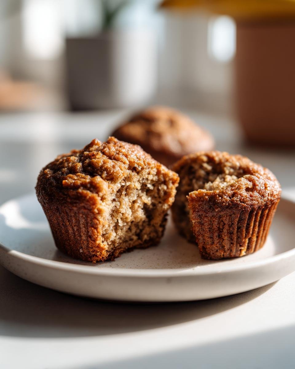 Close-up of an Irresistible Peanut Butter Banana Oatmeal Muffin broken in half on a light plate.