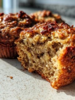 Close-up of an Irresistible Peanut Butter Banana Oatmeal Muffin broken in half, showing moist texture.