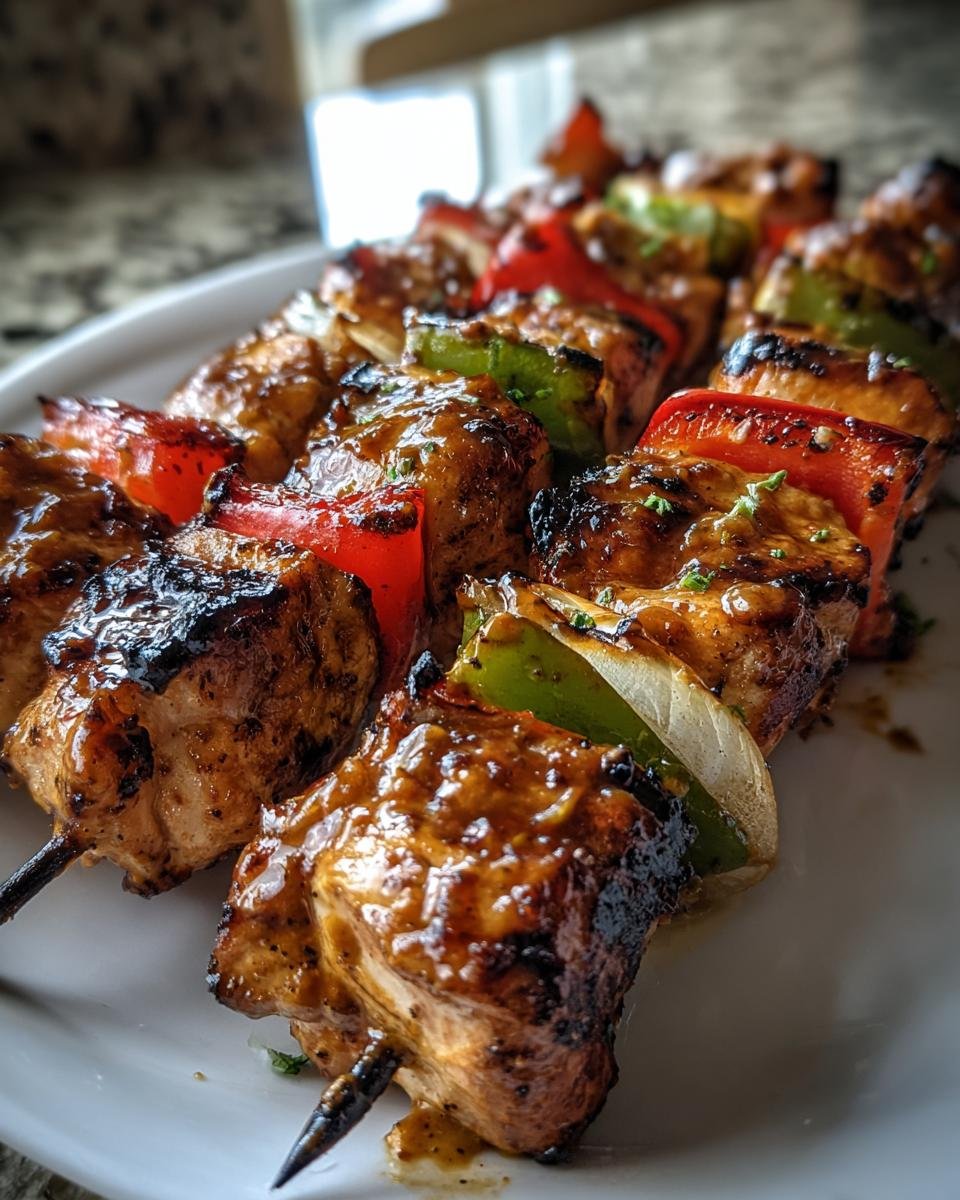 Close-up of Irresistible Peanut Chicken Kabobs glazed with sauce, skewered with colorful peppers and onions.