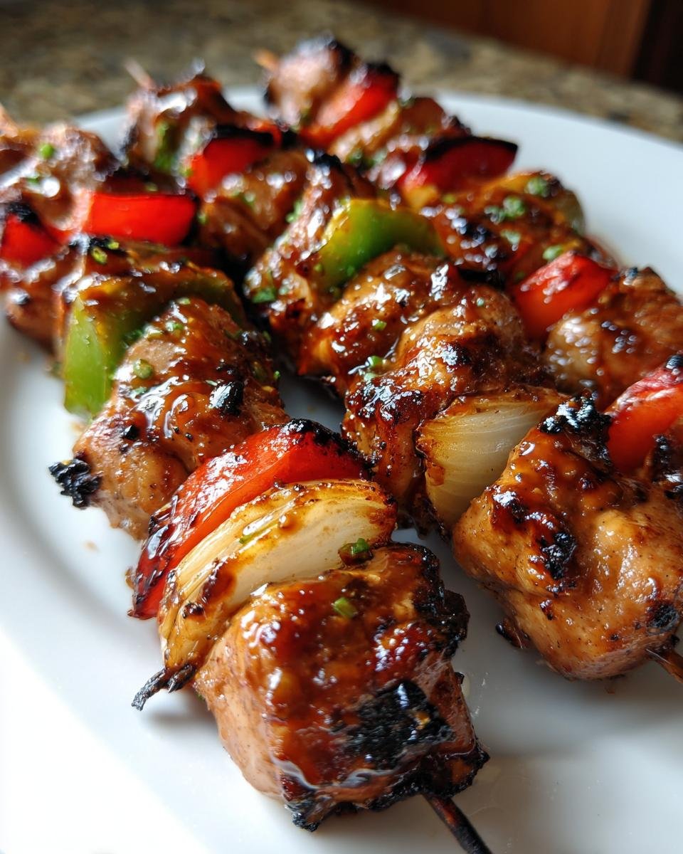 Close-up of grilled Irresistible Peanut Chicken Kabobs glazed with sauce, skewered with peppers and onions.