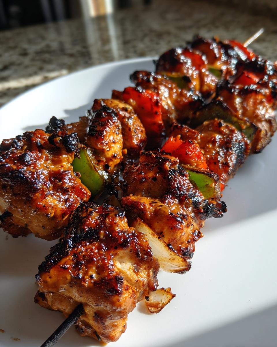 Two skewers of grilled Irresistible Peanut Chicken Kabobs with charred edges and colorful peppers on a white plate.