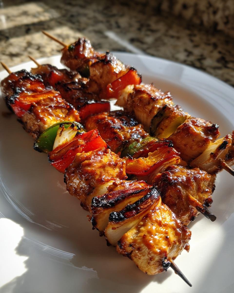 Close-up of three grilled Irresistible Peanut Chicken Kabobs with charred edges and glossy peanut sauce on a white plate.