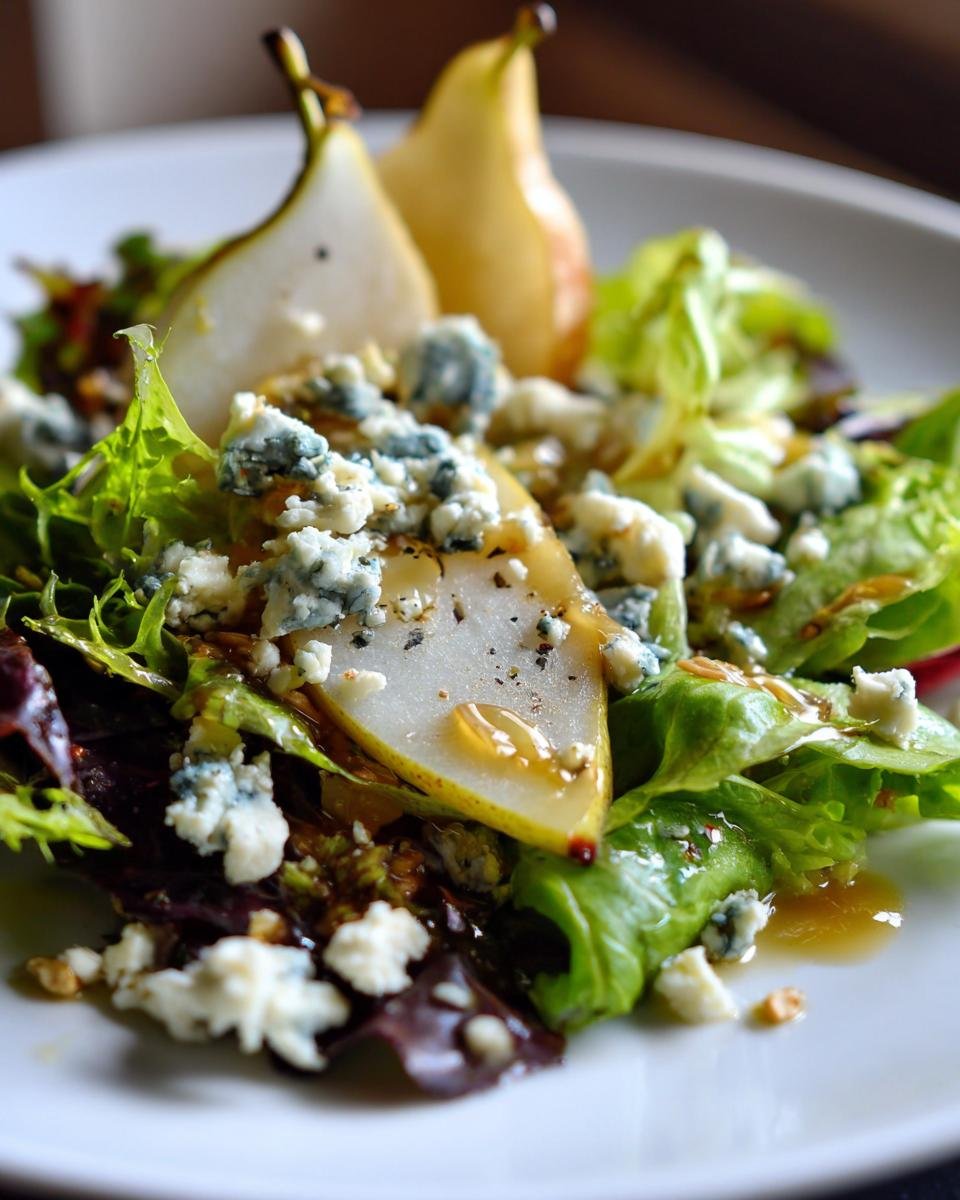 Close-up of Irresistible Pear And Blue Cheese Salad featuring sliced pears, crumbled blue cheese, and mixed greens drizzled with vinaigrette.