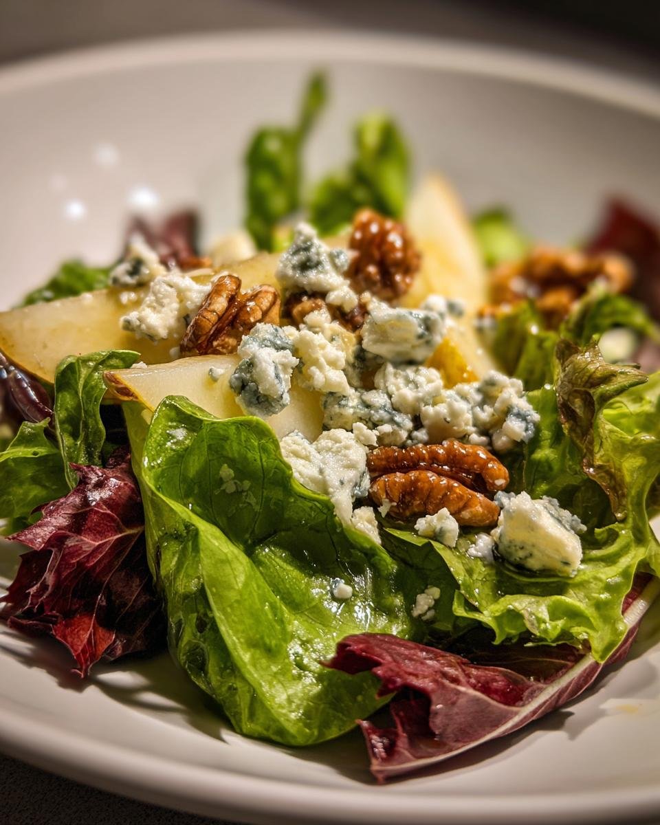 Close-up of Irresistible Pear And Blue Cheese Salad featuring bright greens, blue cheese crumbles, pear slices, and pecans.