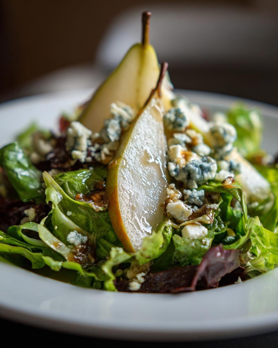 A close-up of the Irresistible Pear And Blue Cheese Salad featuring fresh greens, sliced pears, and crumbled blue cheese.