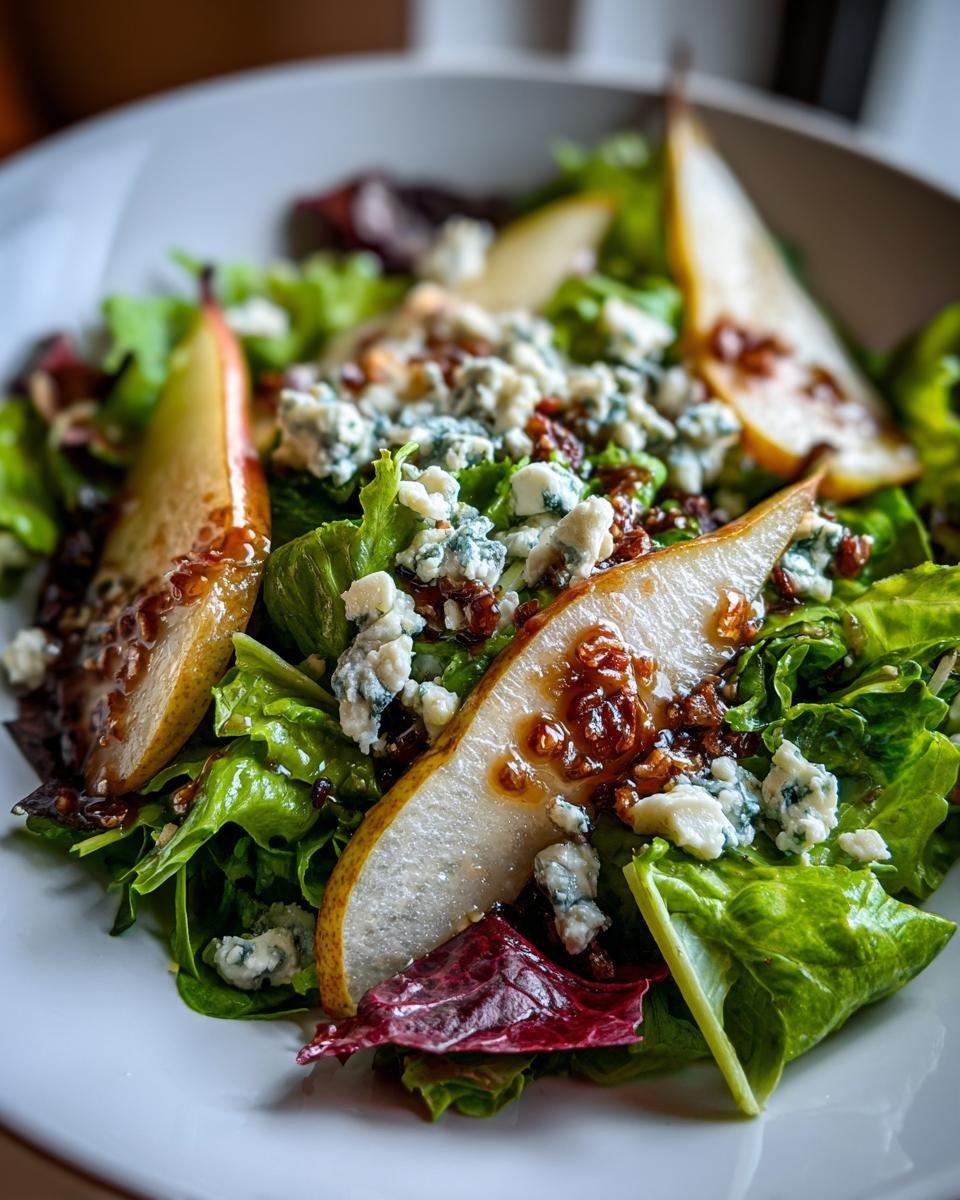 A close-up of an Irresistible Pear And Blue Cheese Salad featuring fresh greens, sliced pears drizzled with vinaigrette, and crumbled blue cheese.