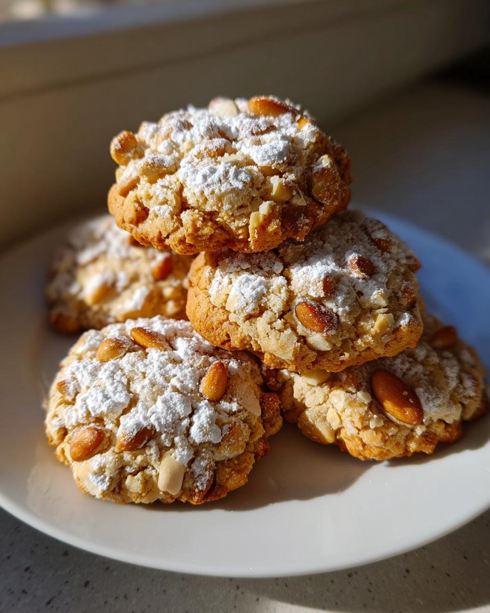 A stack of freshly baked Irresistible Pignoli Cookies dusted with powdered sugar and topped with pine nuts, resting on a white plate.