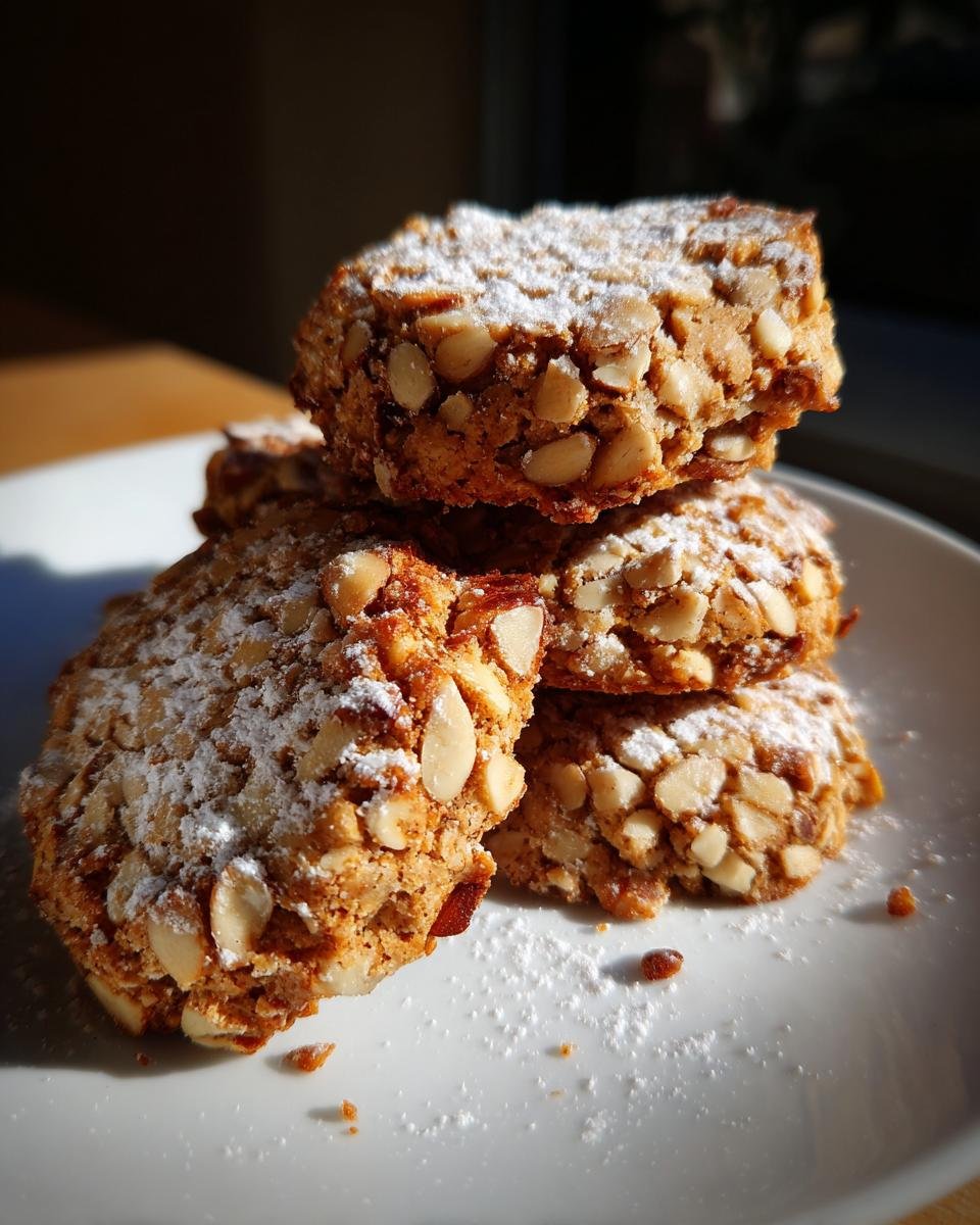 A stack of four Irresistible Pignoli Cookies, heavily coated in sliced almonds and dusted with powdered sugar, resting on a white plate.