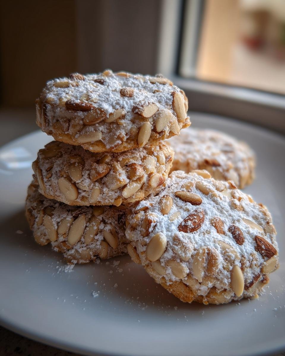 A stack of four Irresistible Pignoli Cookies generously coated in slivered almonds, pine nuts, and powdered sugar on a white plate.