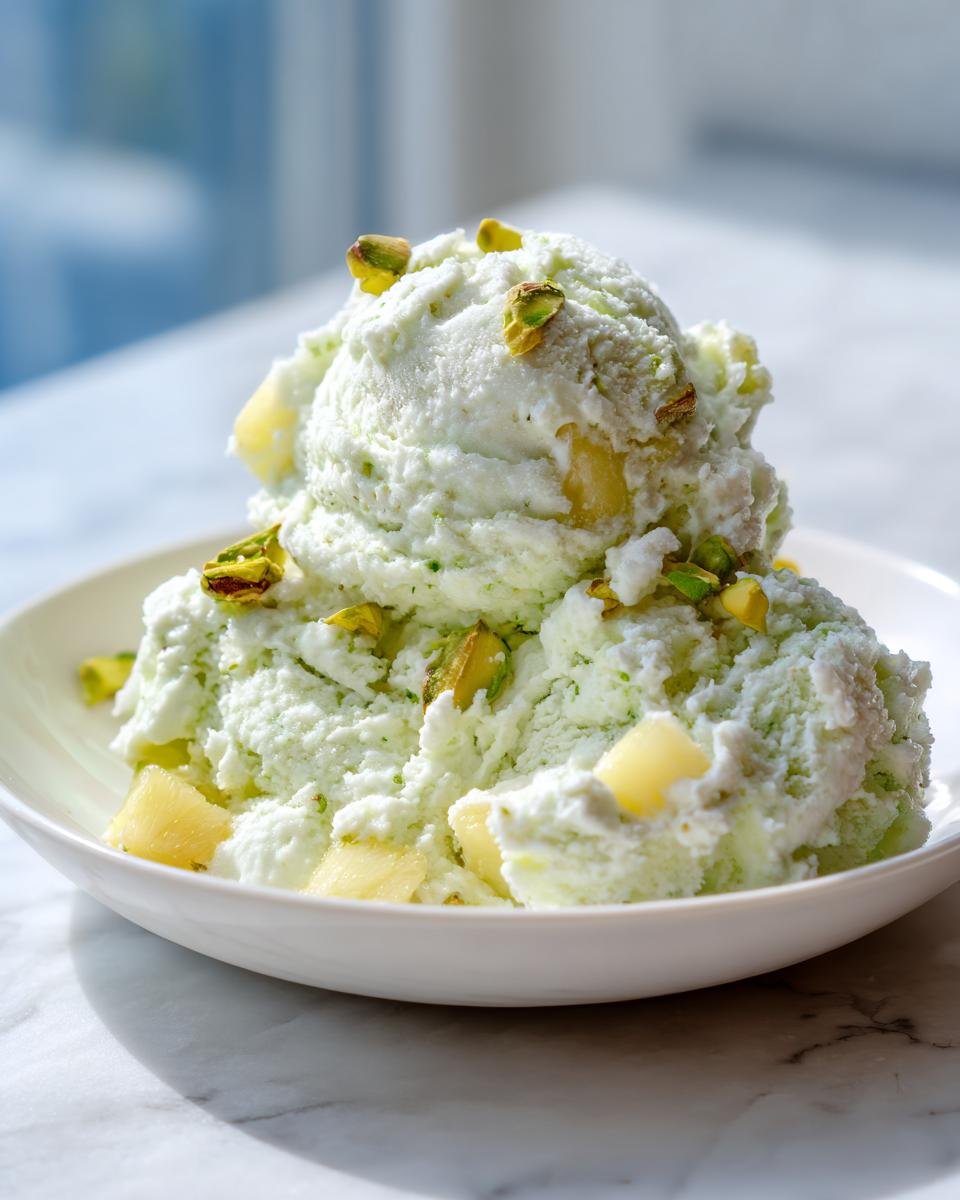 A scoop of light green, fluffy dessert topped with chopped pistachios and chunks of pineapple, part of the Irresistible Pistachio Pineapple Fluff recipe.