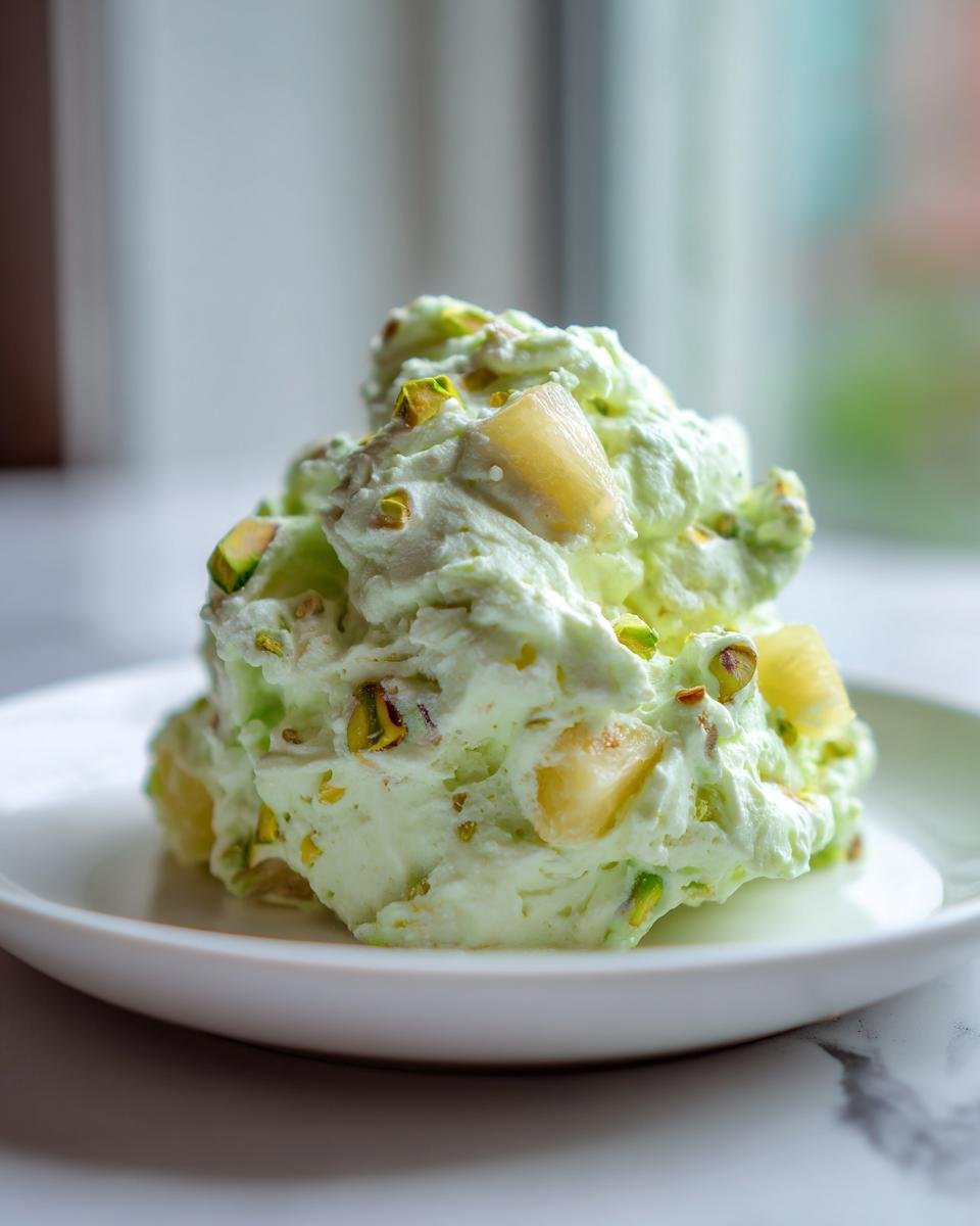 A scoop of light green, creamy Irresistible Pistachio Pineapple Fluff topped with chopped pistachios and pineapple chunks.