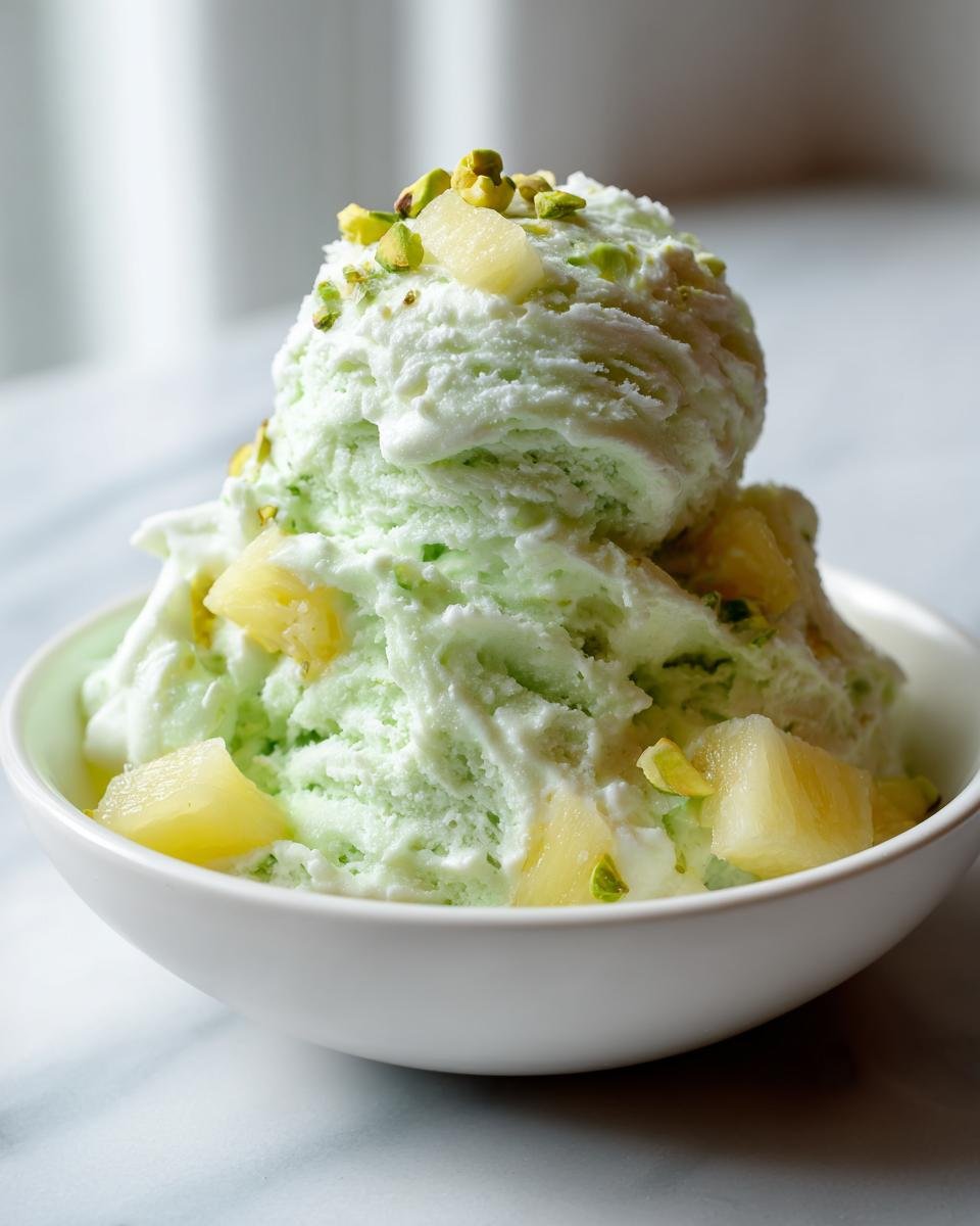 A scoop of light green Irresistible Pistachio Pineapple Fluff topped with chopped pistachios and pineapple chunks.