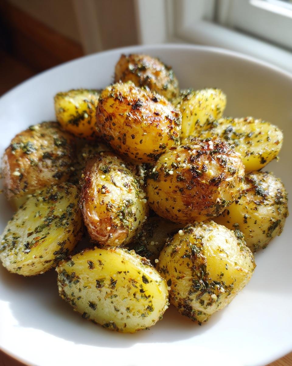A close-up of roasted baby potatoes generously coated in green herbs for an Irresistible Ranch Potatoes Recipe.