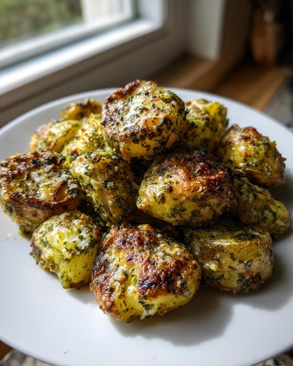 A pile of roasted, golden-brown potatoes coated in green herbs and cheese, showcasing the Irresistible Ranch Potatoes Recipe.