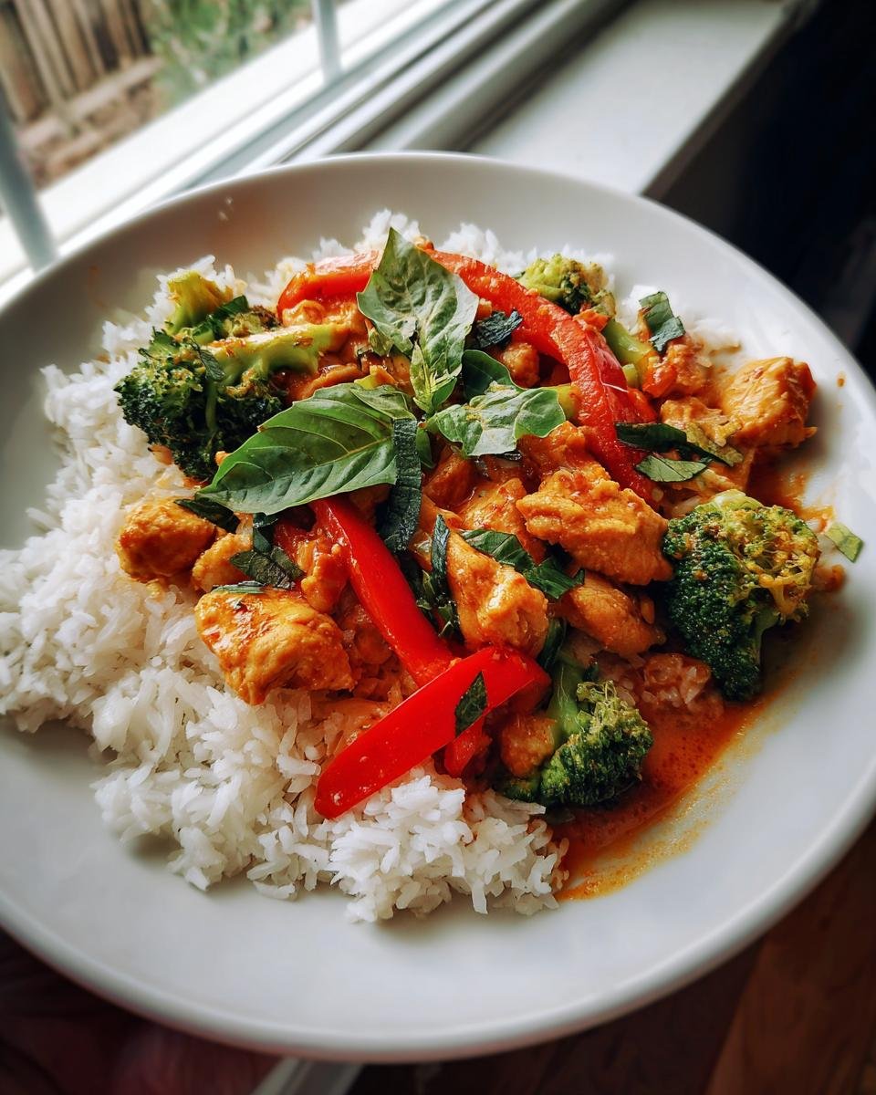 A white bowl filled with white rice topped with Irresistible Red Curry Recipe featuring chicken, broccoli, and red peppers.