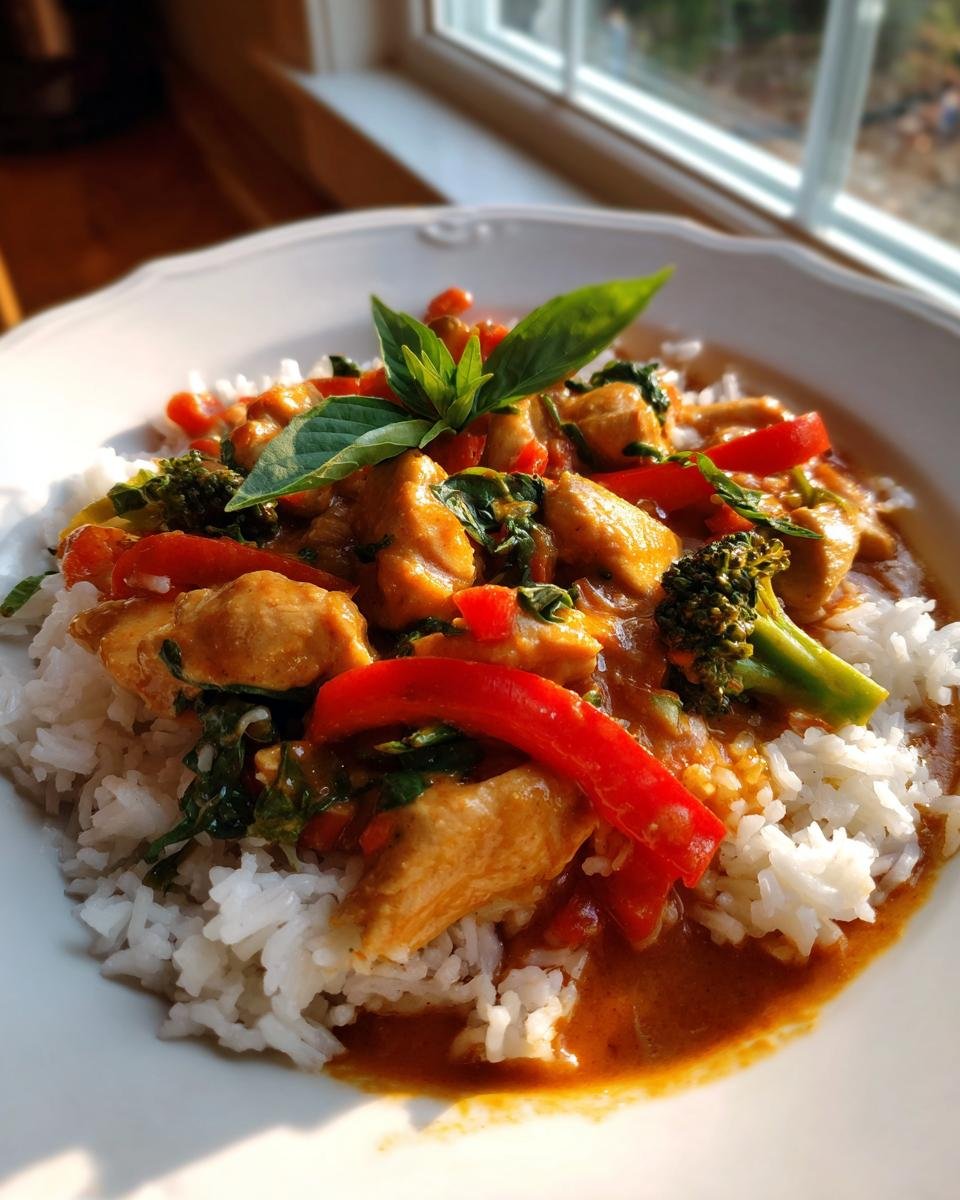 A close-up of Irresistible Red Curry Recipe with chicken, red peppers, and broccoli served over white rice, garnished with basil.