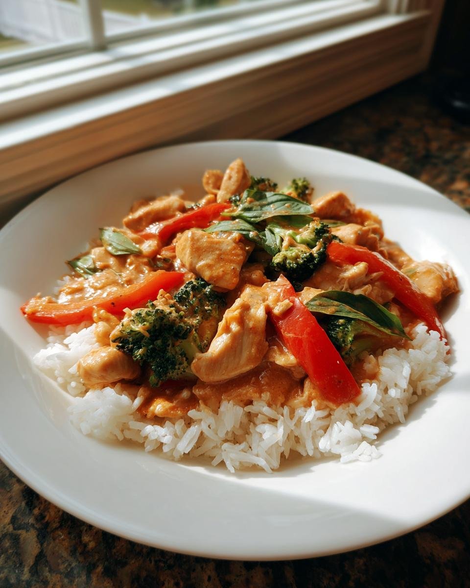 A plate featuring Irresistible Red Curry Recipe with chicken, broccoli, and red peppers served over white rice, garnished with basil.