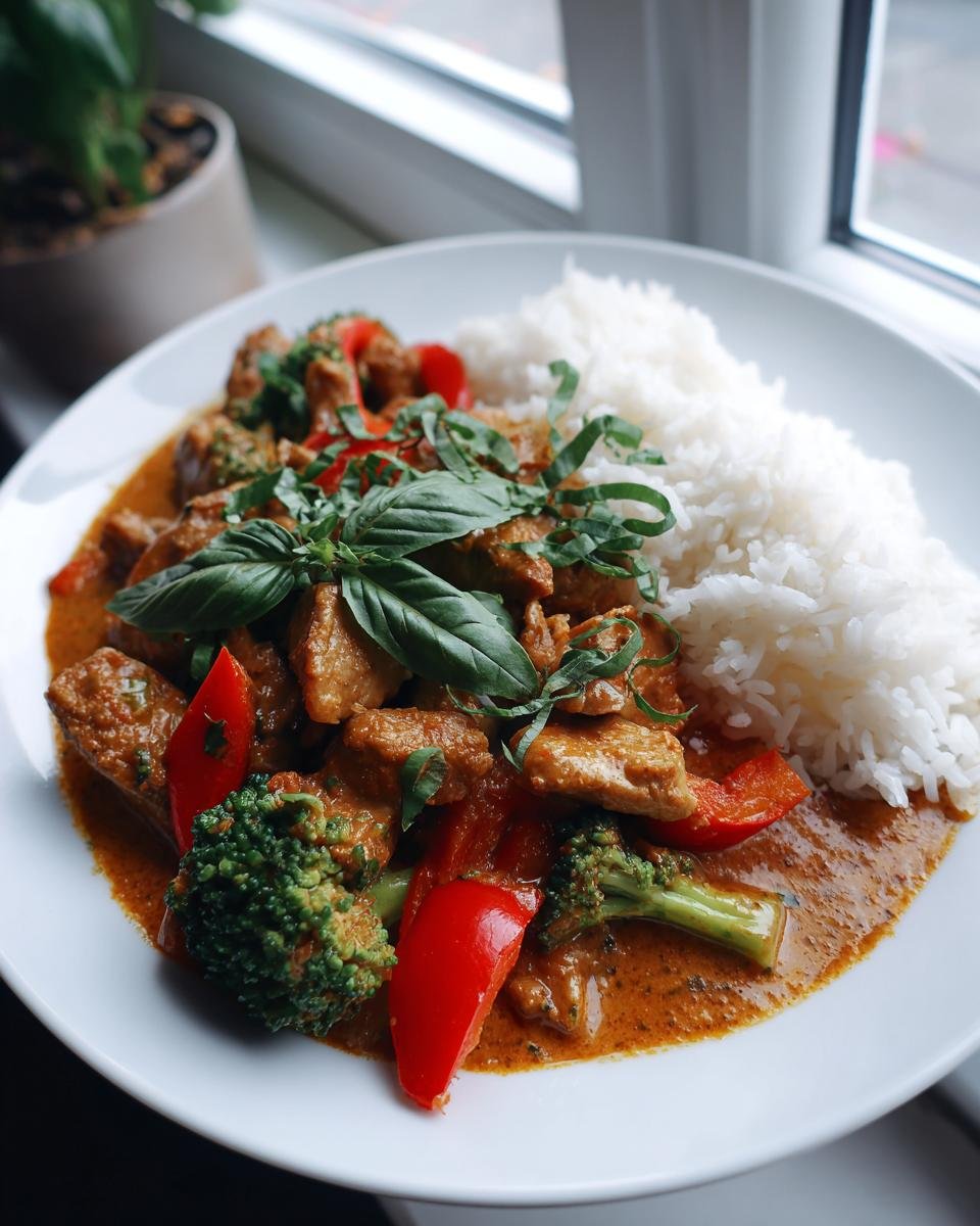 A plate featuring Irresistible Red Curry Recipe with chicken, broccoli, red peppers, and a side of white rice, garnished with basil.